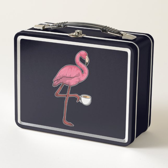 Flamingo with Cup of Coffee Metal Lunch Box (Front)