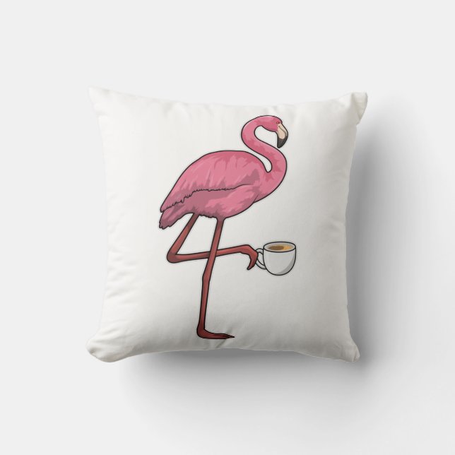 Flamingo with Cup of Coffee Throw Pillow (Front)