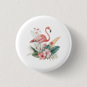 Flamingo With Flowers 1 Inch Round Button