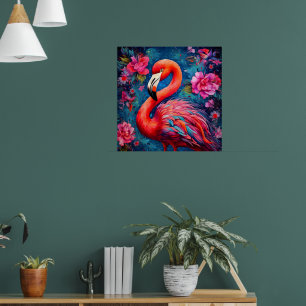 Flamingo with flowers poster