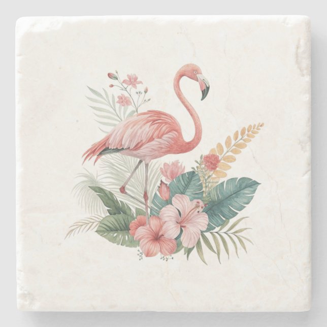 Flamingo With Flowers Stone Coaster (Front)
