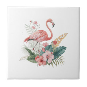 Flamingo With Flowers Tile