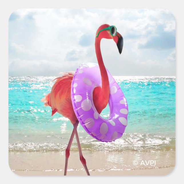 Flamingo With Inner Tube Square Sticker (Front)