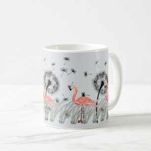 Flamingo with Orange Dandelion and Reed Grass Art Coffee Mug