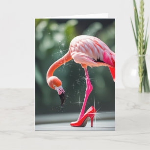 Flamingo With Red High Heel Shoe Card