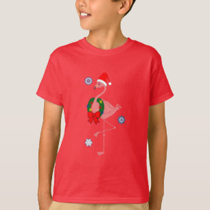 Flamingo with Santa Hat and Christmas Wreath T-Shirt