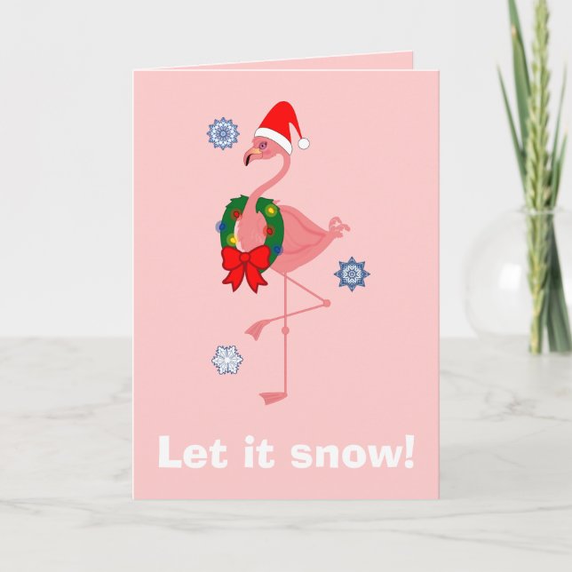 Flamingo with Santa Hat and Wreath Holiday Card (Front)