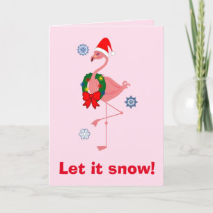 Flamingo with Santa Hat and Wreath Holiday Card