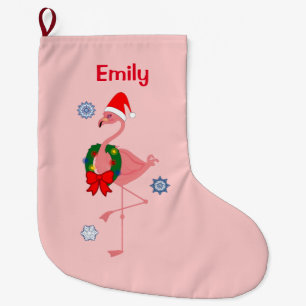 Flamingo with Santa Hat and Wreath Large Christmas Stocking