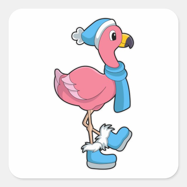 Flamingo with Scarf & Hat Square Sticker (Front)