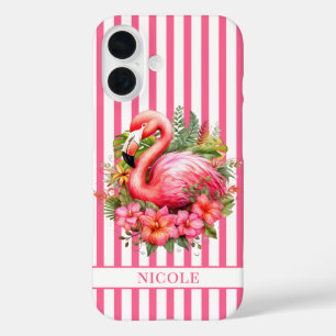 Flamingo with Tropical Flowers on Stripes iPhone 16 Case