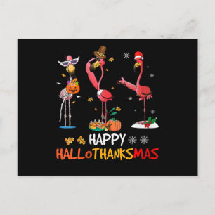 Flamingo   Womens Flamingo Happy HalloThanksmas Announcement Postcard