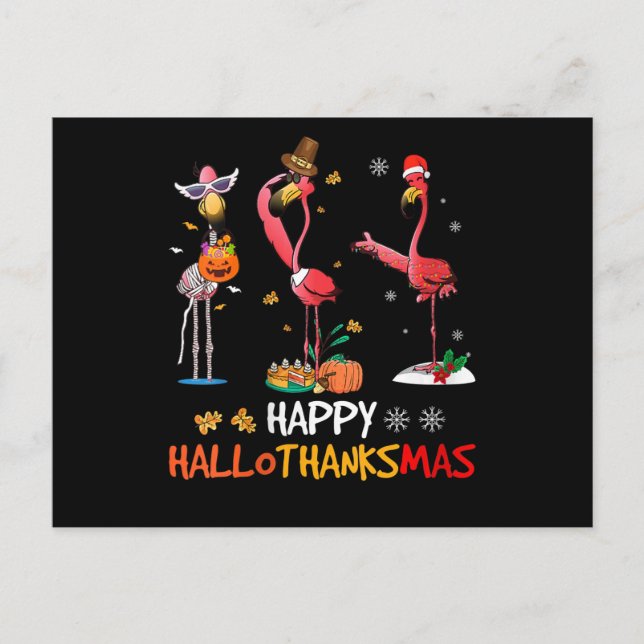 Flamingo | Womens Flamingo Happy HalloThanksmas Invitation Postcard (Front)