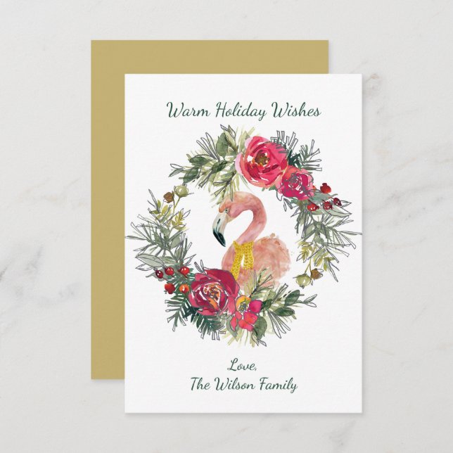 Flamingo Wreath Warm Holiday Wishes Custom Card (Front/Back)