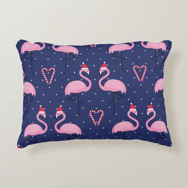 Flamingo Xmas Hat Candy Pattern Accent Pillow (Front)