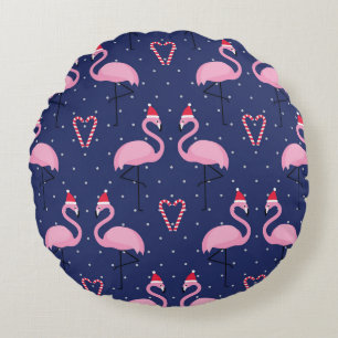 Flamingo Xmas Hat Candy Pattern Round Pillow