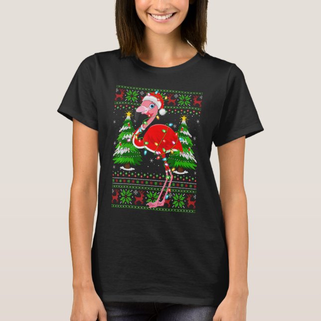 Flamingo  Xmas Lights Ugly Santa Flamingo Christma T-Shirt (Front)