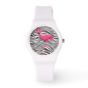 FLAMINGO ZEBRA STRIPE CUSTOM WHITE WATCH