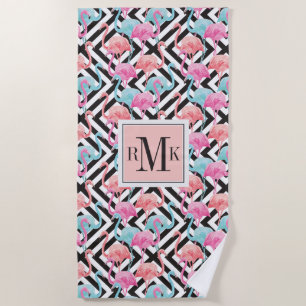 Flamingoes on Bold Design Pattern Beach Towel