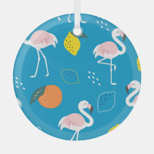 Flamingos, abstract tropical fruits, trendy patter glass ornament
