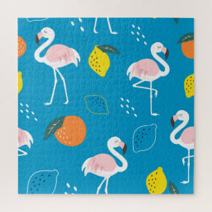 Flamingos, abstract tropical fruits, trendy patter jigsaw puzzle