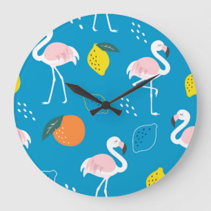Flamingos, abstract tropical fruits, trendy patter large clock