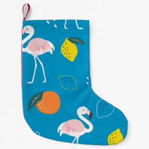 Flamingos, abstract tropical fruits, trendy patter small christmas stocking