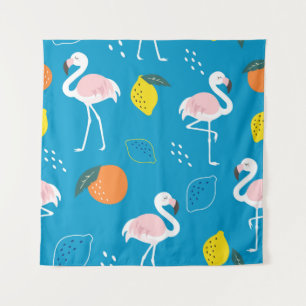 Flamingos, abstract tropical fruits, trendy patter tapestry