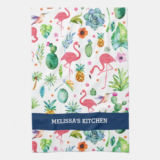 Flamingos And Colourful Tropical Pattern Kitchen Towel (Vertical)