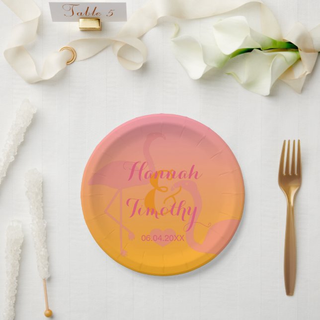 Flamingos And Custom Couple Names Tropical Wedding Paper Plate (Wedding)
