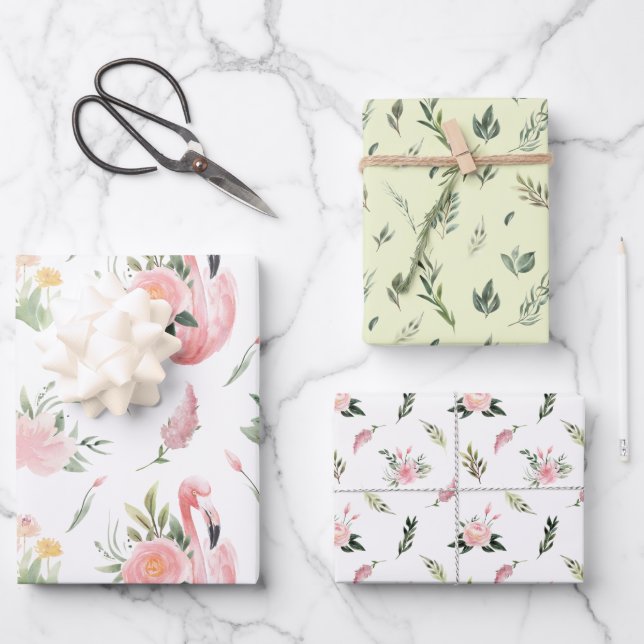 Flamingos and Flowers Wrapping Paper Sheets (Front)