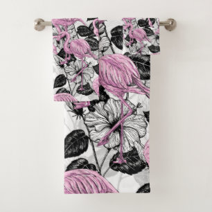 Flamingos and hibiscus flowers bath towel set