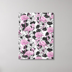 Flamingos and hibiscus flowers canvas print