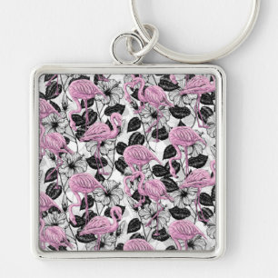 Flamingos and hibiscus flowers keychain