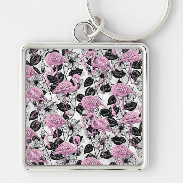 Flamingos and hibiscus flowers keychain (Front)