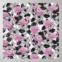 Flamingos and hibiscus flowers