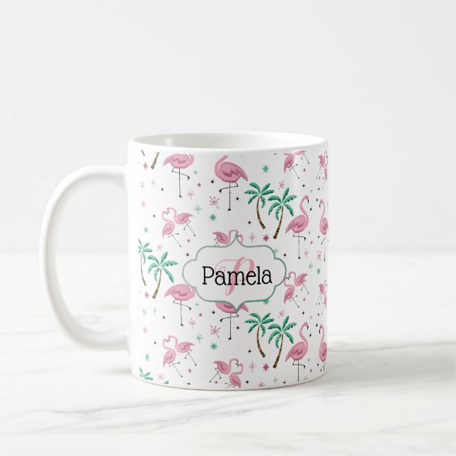 Flamingos and Palm Trees Atomic Style Monogram Coffee Mug (Left)