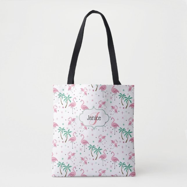 Flamingos and Palm Trees Atomic Style Monogram Tote Bag (Front)