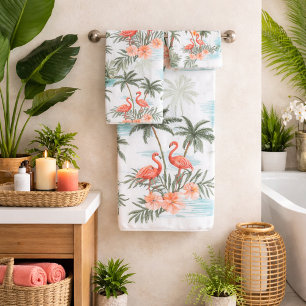 Flamingos and Palm Trees Bath Towel Set