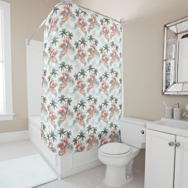 Flamingos and Palm Trees Shower Curtain (In Situ)