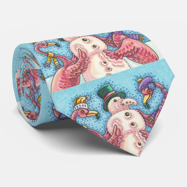 FLAMINGOS AND PINK SNOWMAN, CHRISTMAS HOLIDAY TIE (Rolled)