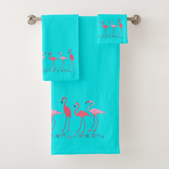 Flamingos and Sea Stars Aqua Blue Bath Towel Set (Insitu)