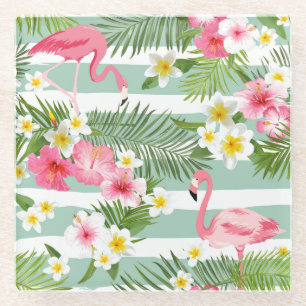 Flamingos And Stripes Glass Coaster