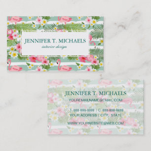 Flamingos And Stripes Monogram Business Card