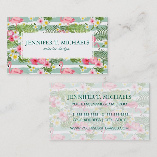 Flamingos And Stripes | Monogram Business Card (Front/Back)