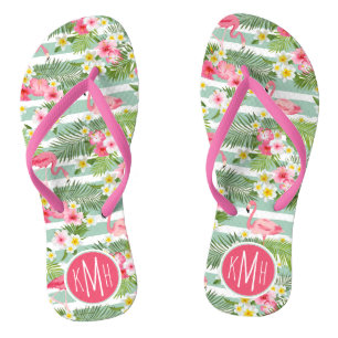 Flamingos And Stripes   Monogram Flip Flops