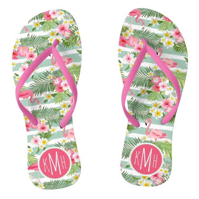 Flamingos And Stripes | Monogram Flip Flops (Footbed)