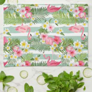 Flamingos And Stripes Monogram Kitchen Towel