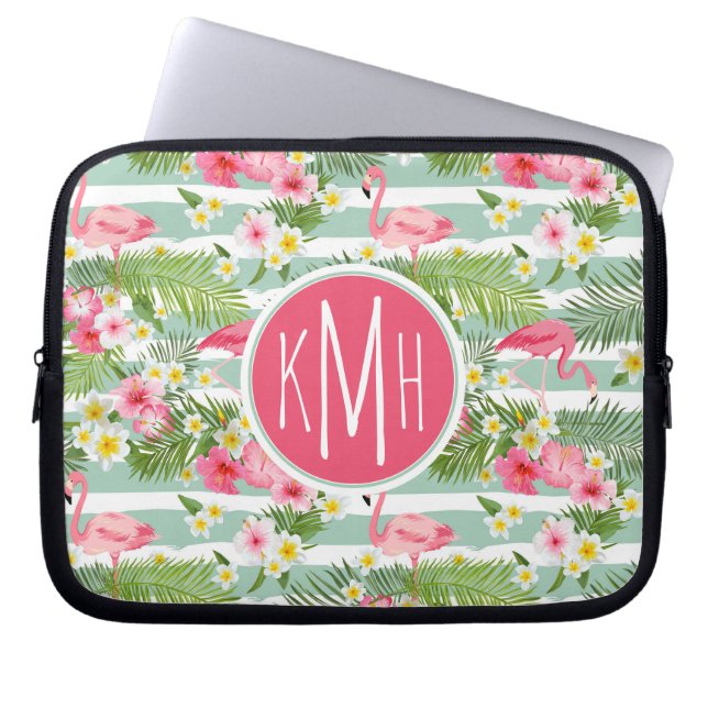 Flamingos And Stripes | Monogram Laptop Sleeve (Front)
