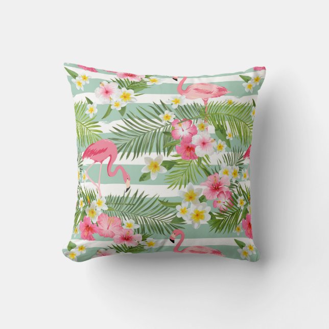 Flamingos And Stripes | Monogram Throw Pillow (Front)